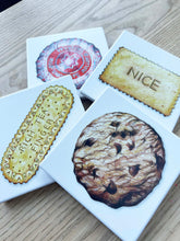 Load image into Gallery viewer, Luxury Ceramic Biscuit Coasters - Set of Four Lucy Hughes Creations Set one - Cookie / Nice / Rich Tea / Tea Cake 
