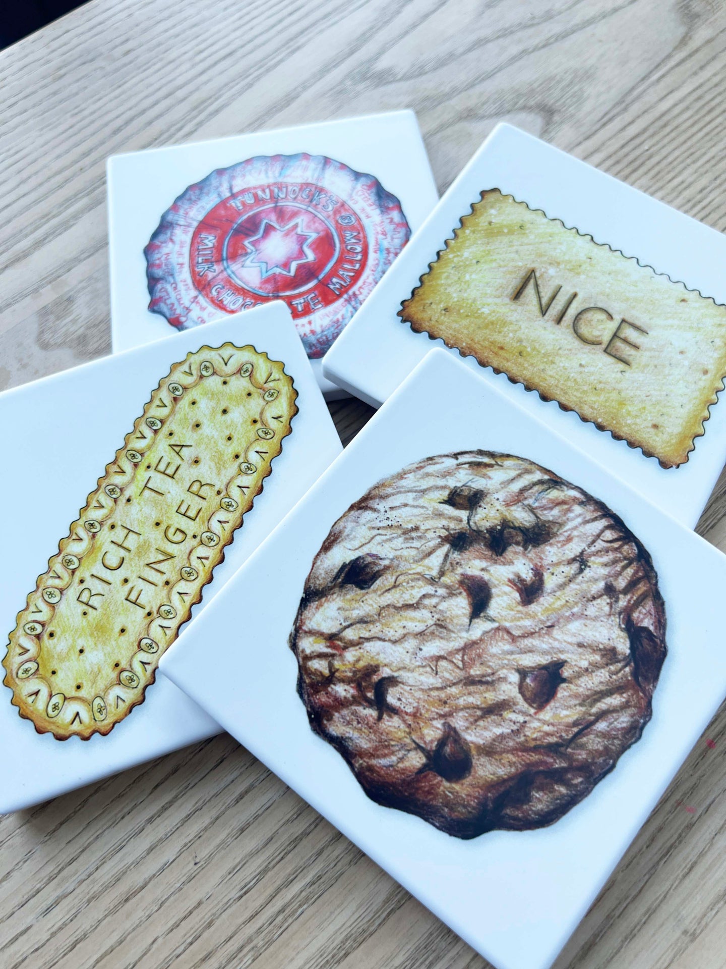 Luxury Ceramic Biscuit Coasters - Set of Four Lucy Hughes Creations Set one - Cookie / Nice / Rich Tea / Tea Cake 