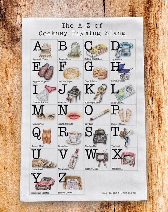 Cockney Rhyming Slang A-Z Tea Towel. Pre order now for despatch end of June tea towel Lucy Hughes Creations 